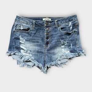 Refuge‎ High Rise Distressed Button Fly Denim Shorts Frayed Hem Blue Size 10